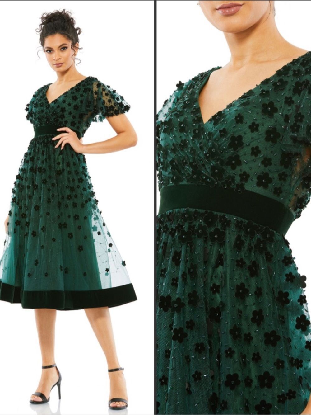 NWT MAC DUGGAL
Green Embellished Butterfly Sleeve Velvet Hem Midi Dress Size 2